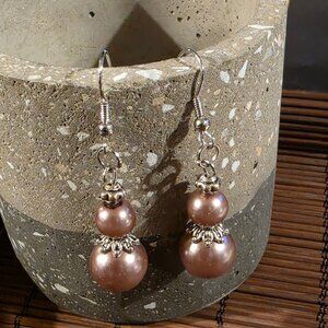 Handcrafted Warm Mauve Antiqued Silver Glass Pearl Drop Earrings